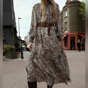 Zara Zebra Print Belted Maxi Dress Flowy Long Sleeve Chic Animal Print
